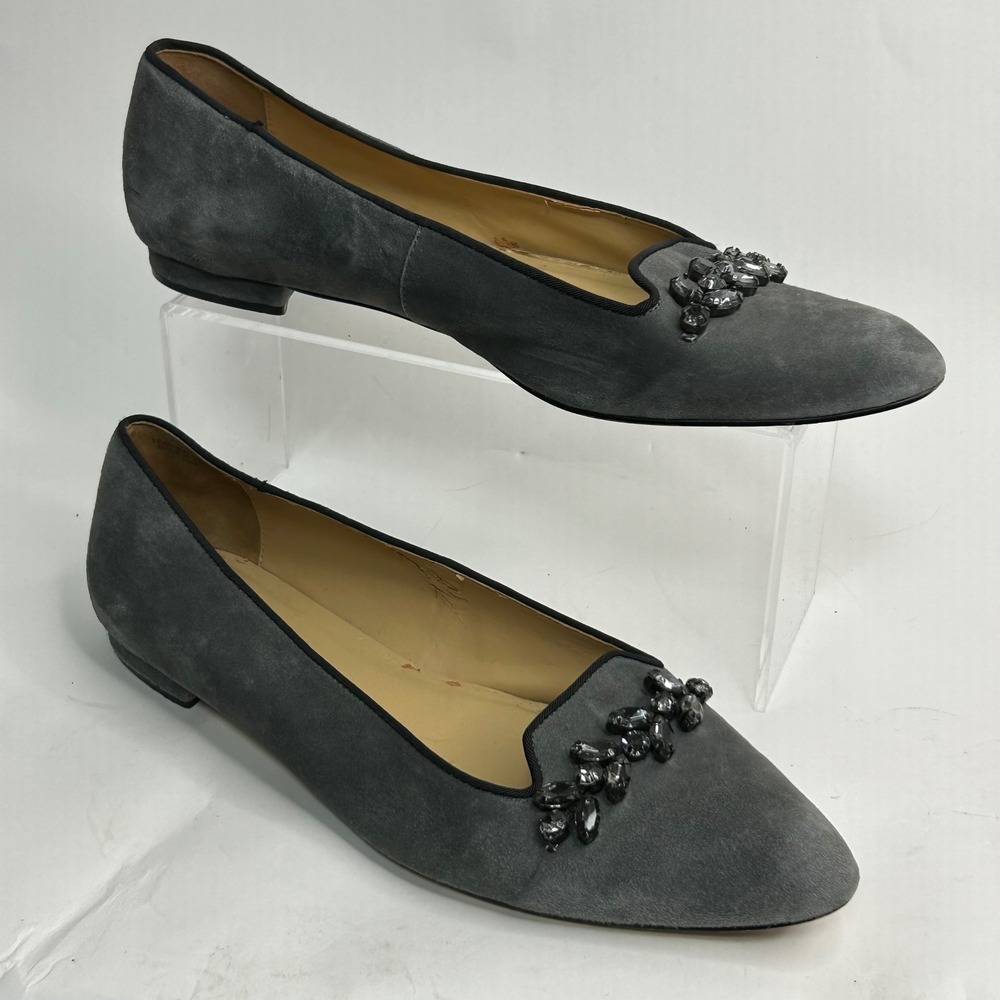 Talbots Grey Suede Pointed Toe Smoking Flats‎ Jeweled Crystal Embellished Sz 10M